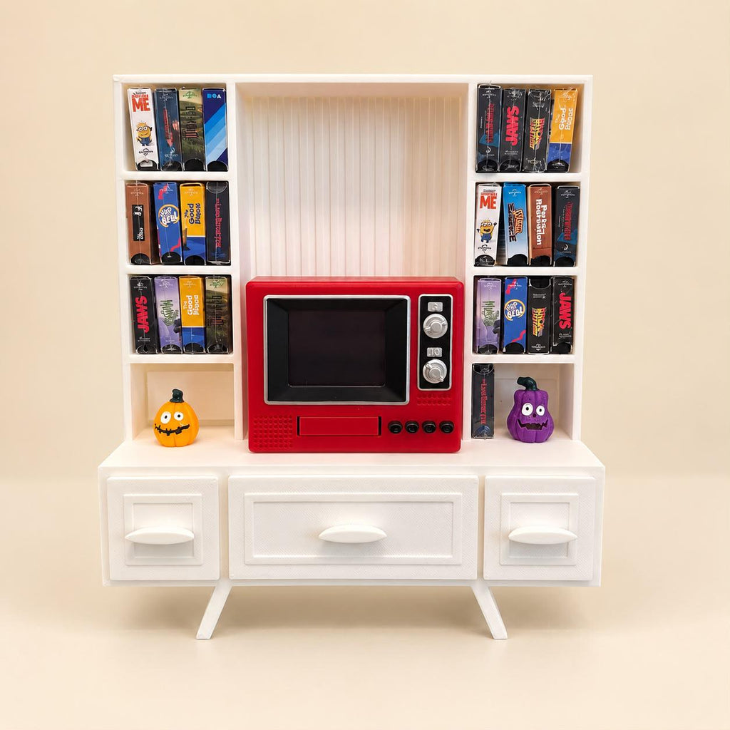Retro Mini TV & VHS Display Shelf – Vintage-Inspired Miniature Collector Storage Stand