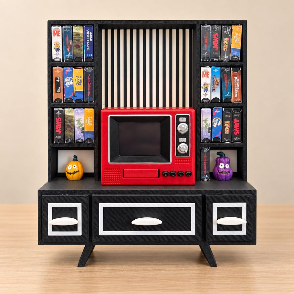 Retro Mini TV & VHS Display Shelf – Vintage-Inspired Miniature Collector Storage Stand