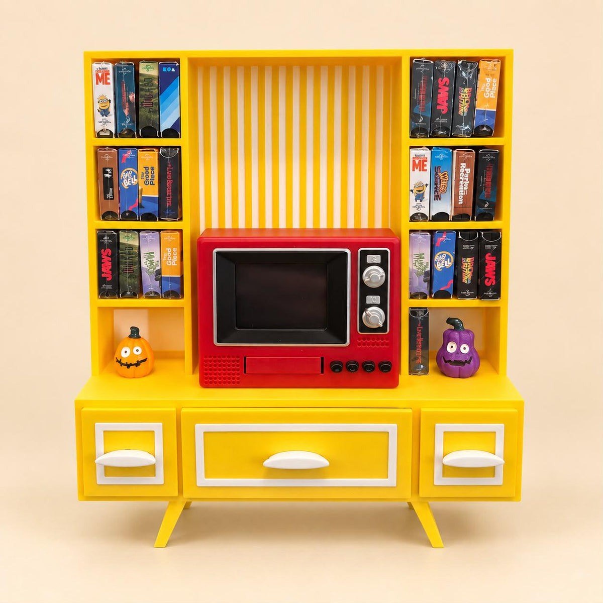 Retro Mini TV & VHS Display Shelf – Vintage-Inspired Miniature Collector Storage Stand
