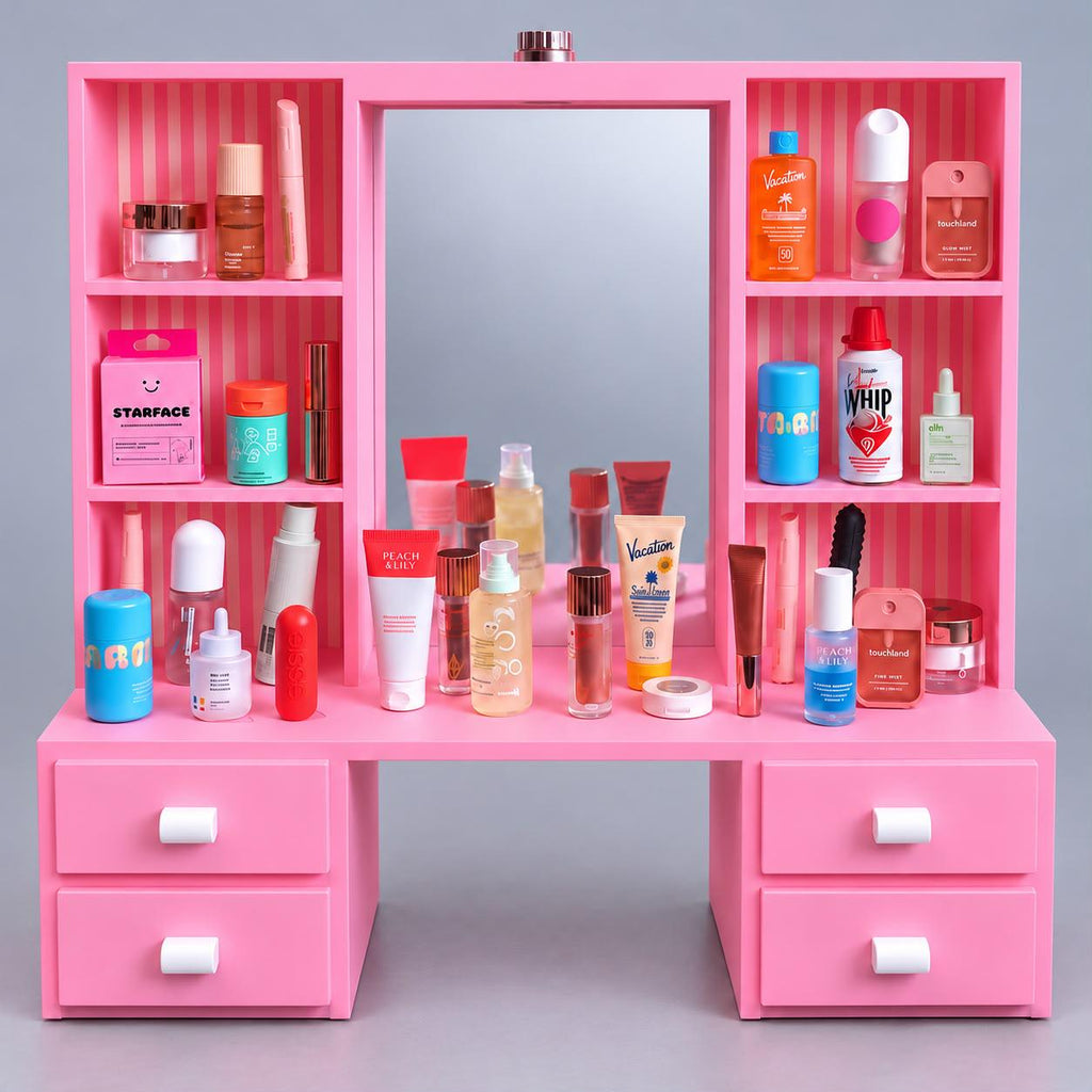 Mini Vanity Dressing Table – Beauty Station with LED Light-Up Mirror (items not included)